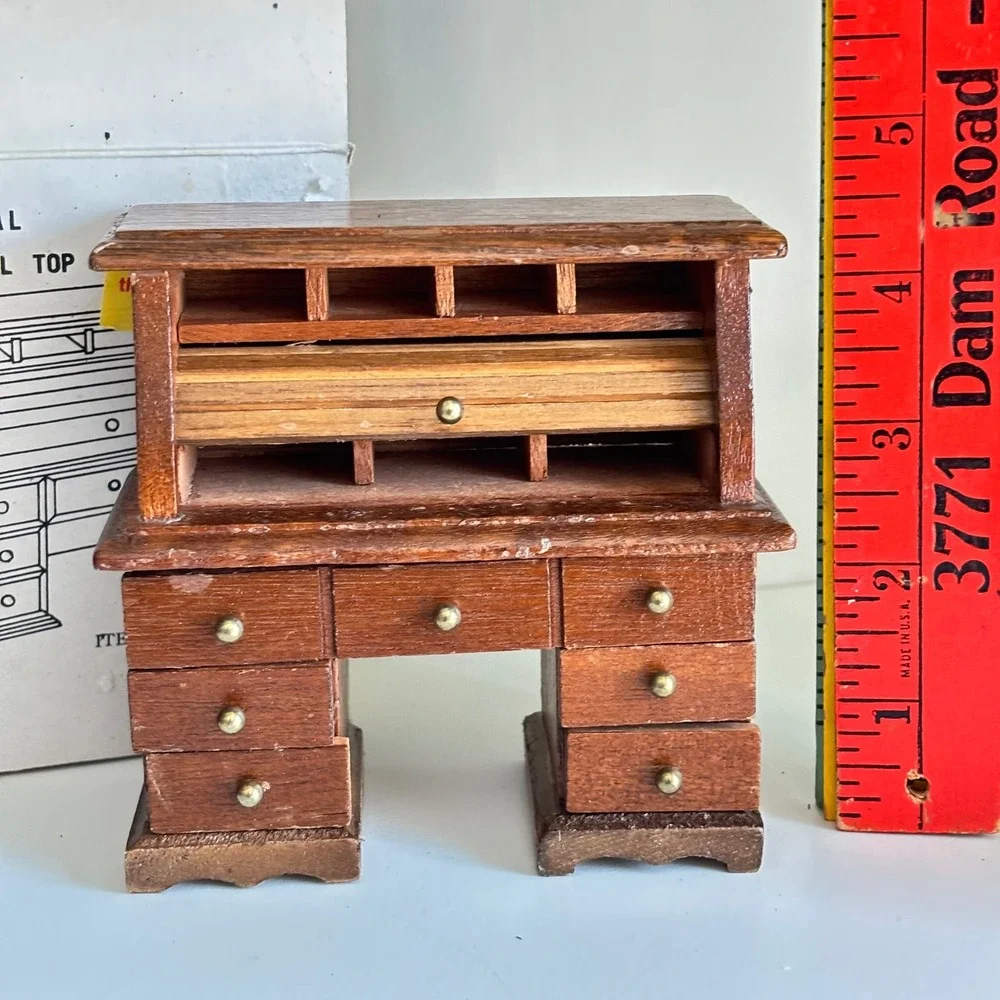 Vintage Colonial Miniature Roll Top Desk Taiwan Dollhouse‎ Furniture Wood